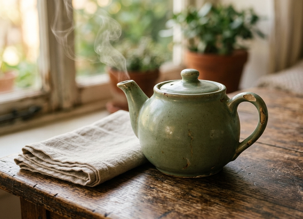 Small sage-green ceramic teapot on a wooden table with steam rising