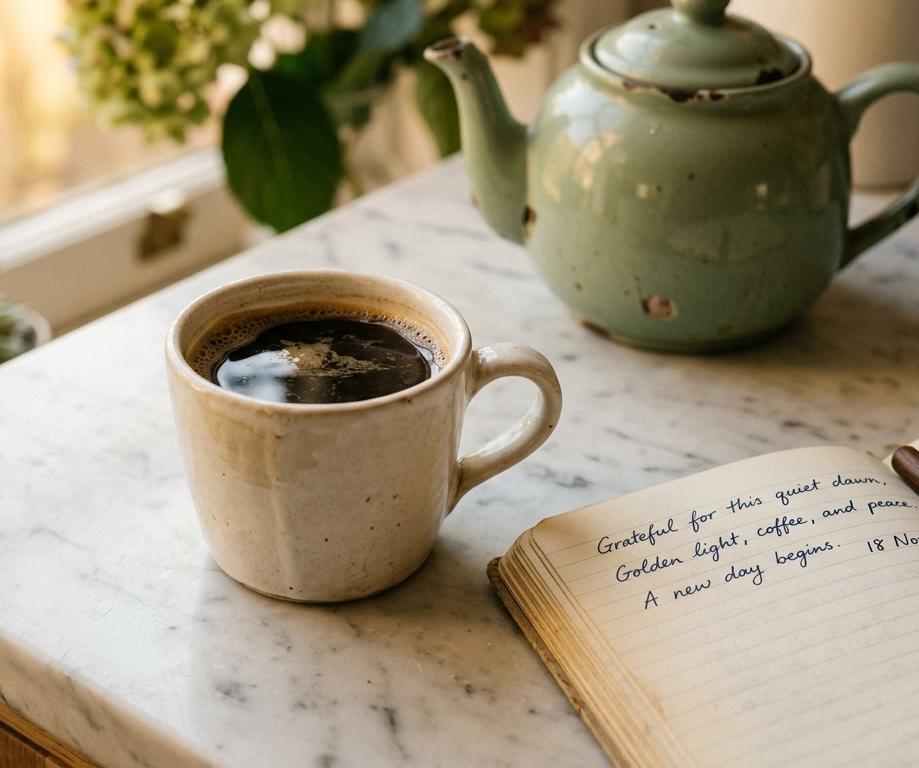 Ceramic coffee dripper beside an open notebook on a sunlit kitchen counter