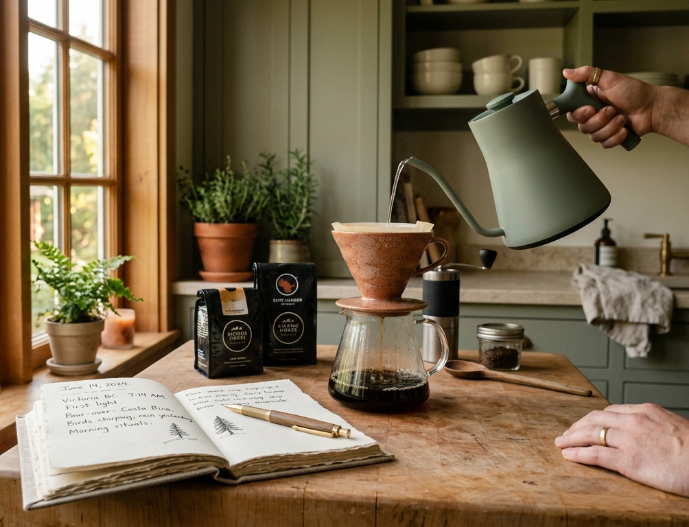 Slow morning kitchen with a ceramic coffee dripper and notebook